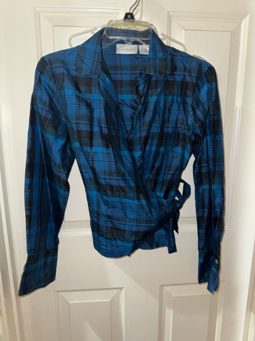 Worthington Silk Blue Plaid Wrap Blouse - Women 6